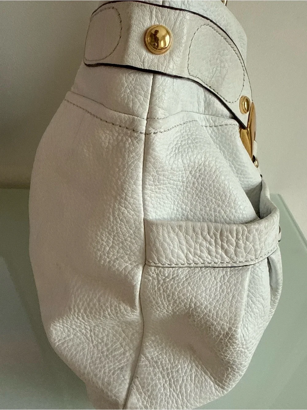 b. makowsky White Leather Shoulder Bag with Gold Ring Detail